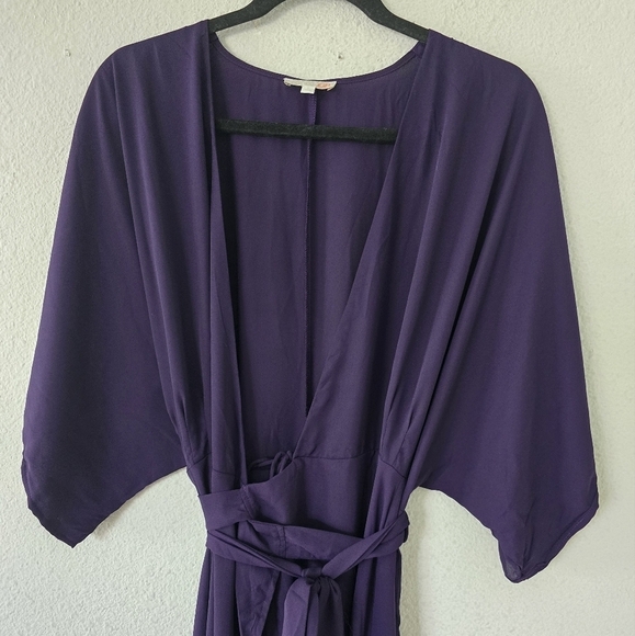 GB Wrap Dress Womens Sz L Purple Maxi Belted Short Sleeves Flowy Feminine - Picture 3 of 13